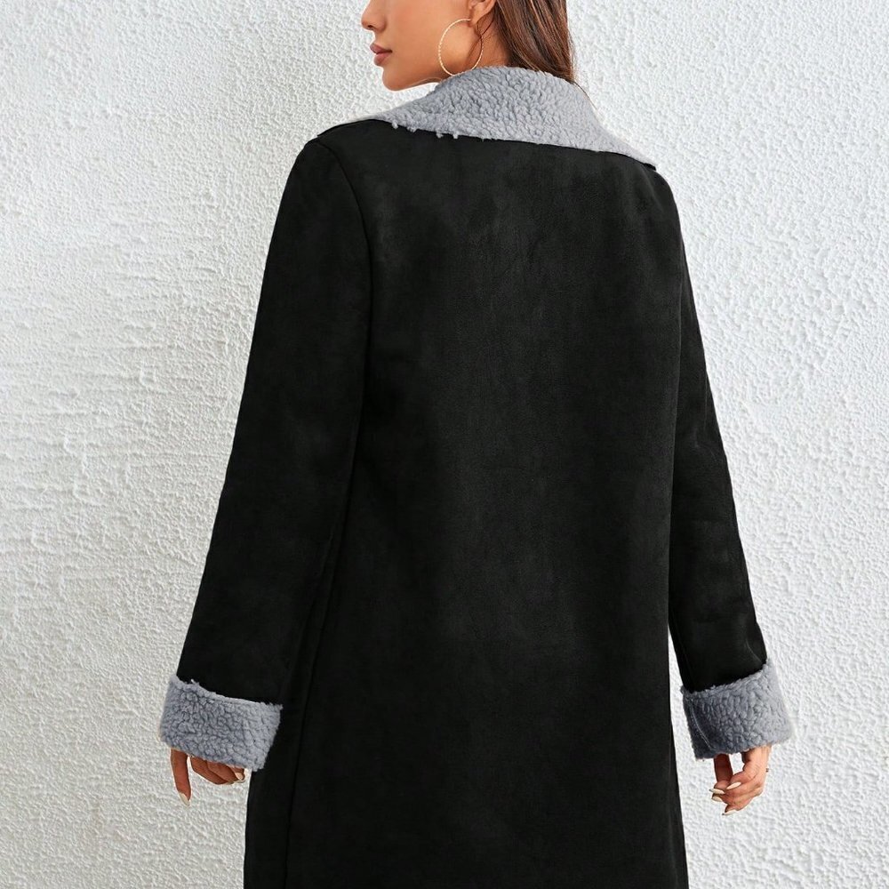 Black Preppy Womens Lapel Collar Teddy Lined Suedette Coat - Picture 3 of 5